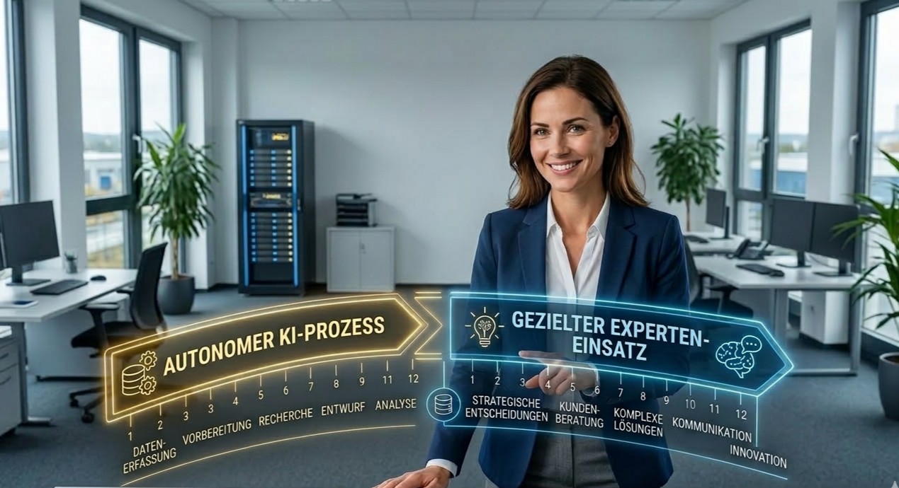 Eine lächelnde Expertin in einem modernen Büro nutzt ein virtuelles AGILERO-Dashboard. Es zeigt den Übergang von einem autonomen KI-Prozess hin zum gezielten Einsatz ihrer Fachkompetenz bei strategischen Entscheidungen und komplexer Beratung.