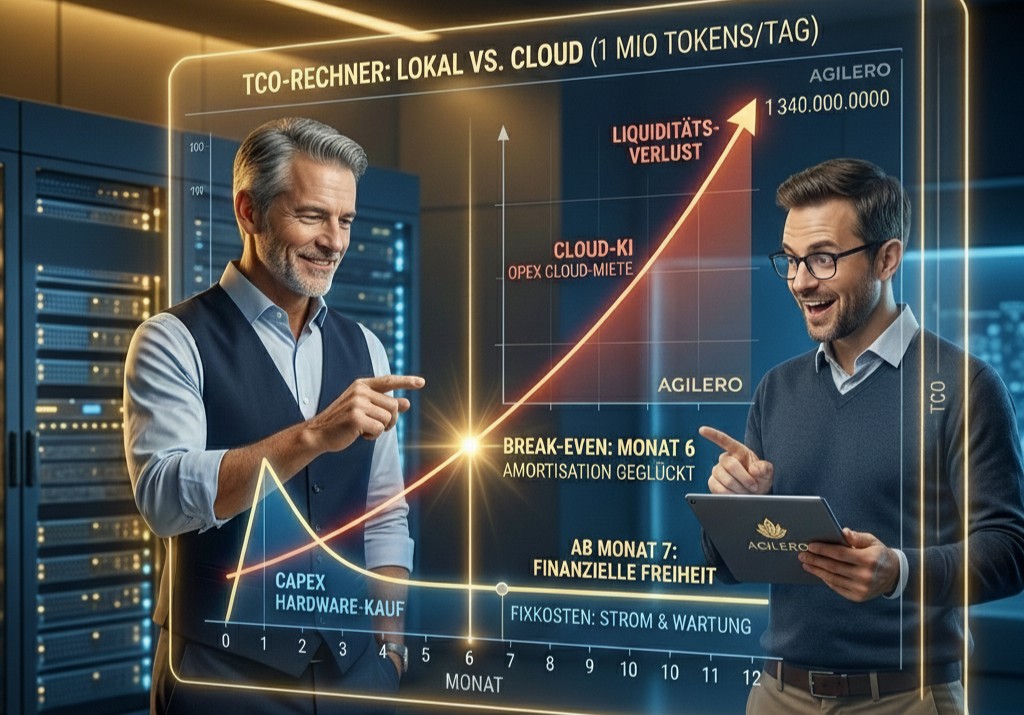 GILERO-Architekt und Controller bei der Analyse eines TCO-Diagramms: Vergleich der Kostenkurven zwischen linear steigender Cloud-KI-Miete und fixen Investitionskosten für lokale KI-Hardware, visualisiert als interaktive Projektion.