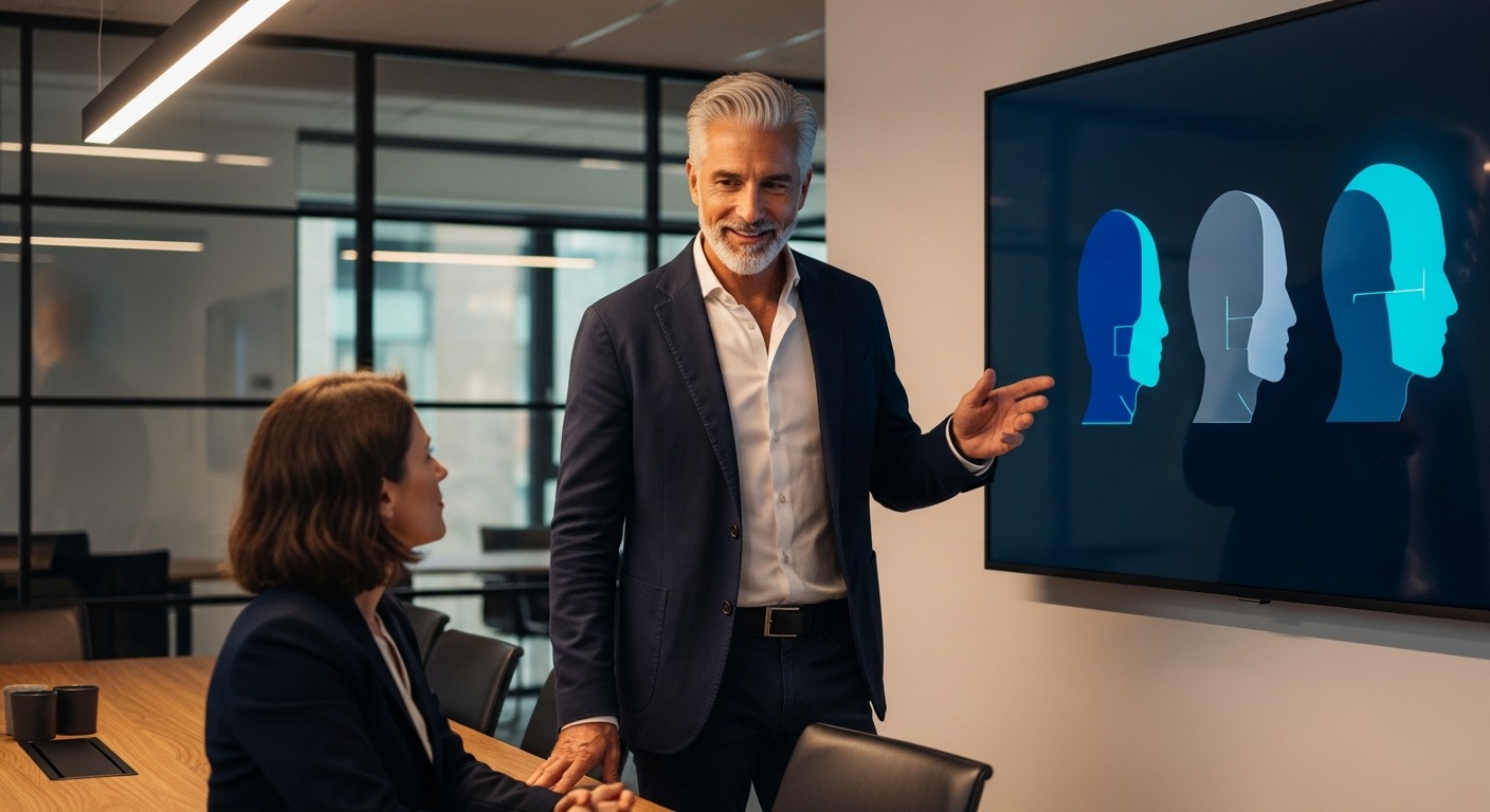 Ein sympathischer KI-Kapitän sitzt mit drei menschlichen Experten an einem runden Tisch und analysiert via Advanced Persona Steering deren Wünsche, Vorlieben und Abneigungen auf einem virtuellen Memo-Board.