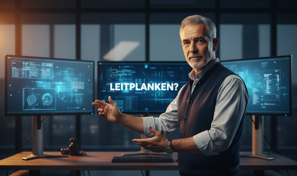 Distinguierter Geschäftsführer in Weste dirigiert mit ausgestrecktem Arm vor vier leuchtenden Monitoren in dunklem Kontrollraum — souveräne KI-Governance und Geschäftsrisikokontrolle im Mittelstand.