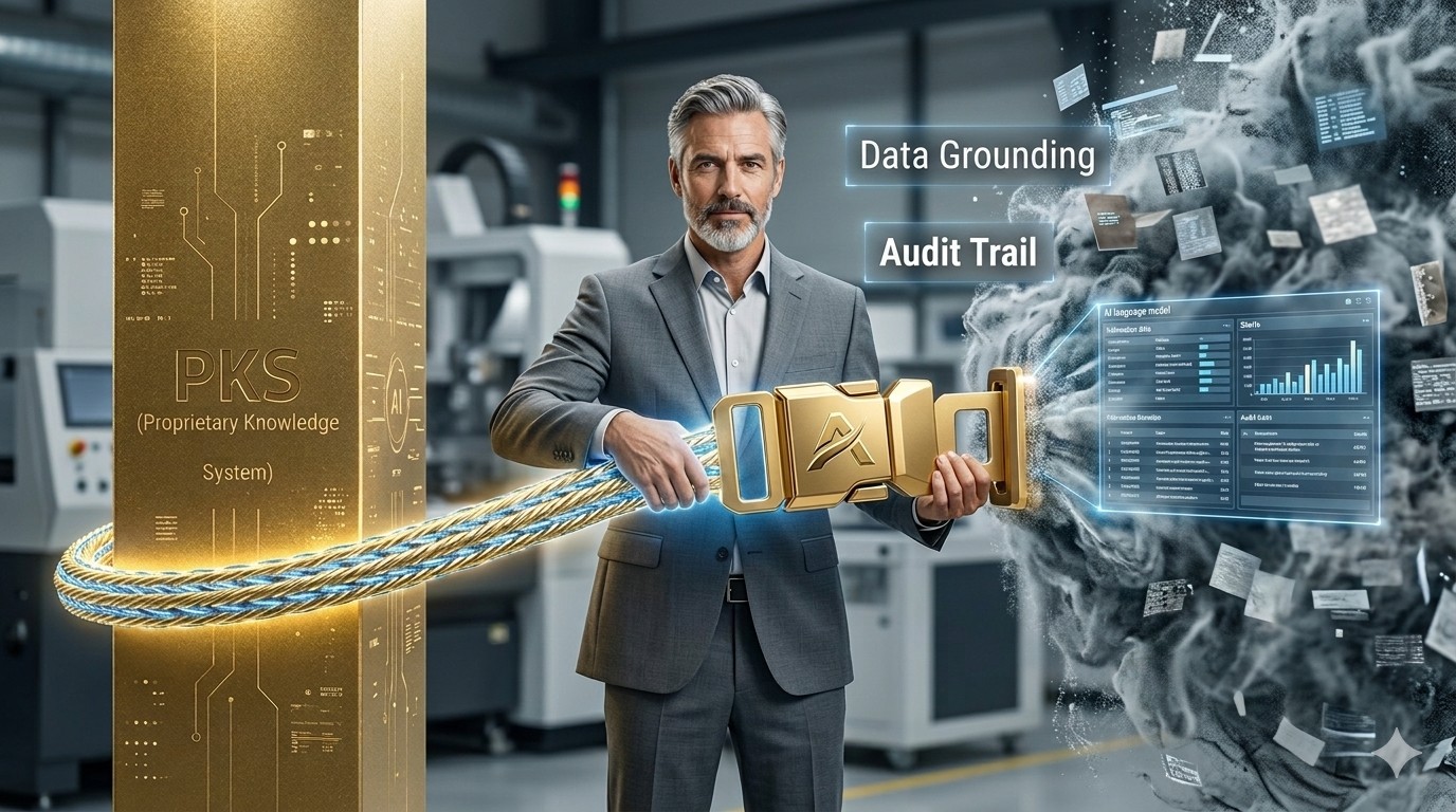 Strukturierter Datenflussgraph zeigt, wie Data Grounding KI-Antworten an verifizierte Unternehmensquellen bindet