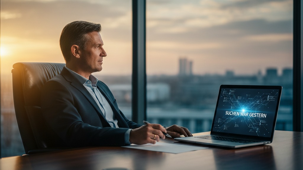 Führungskraft delegiert Wissensarbeit an KI-System und behält strategische Entscheidungen – souveräner KI-Betrieb im Mittelstand