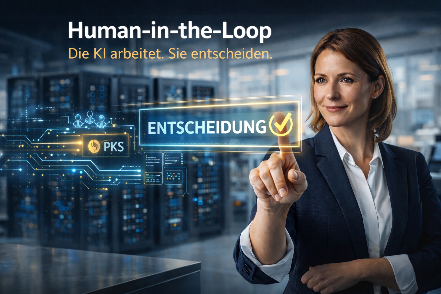 Human-in-the-Loop: Ein leitender Mitarbeiter gibt eine KI-gestützte Entscheidung im Mittelstand an der definierten Kontrollstelle frei.