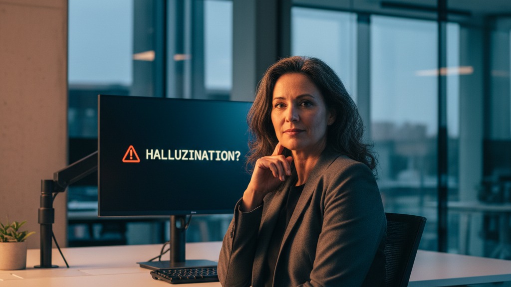 CFO erkennt kritisch eine KI-Halluzination auf dem Monitor – Haftungsrisiko durch fehlerhafte KI-Outputs im Mittelstand