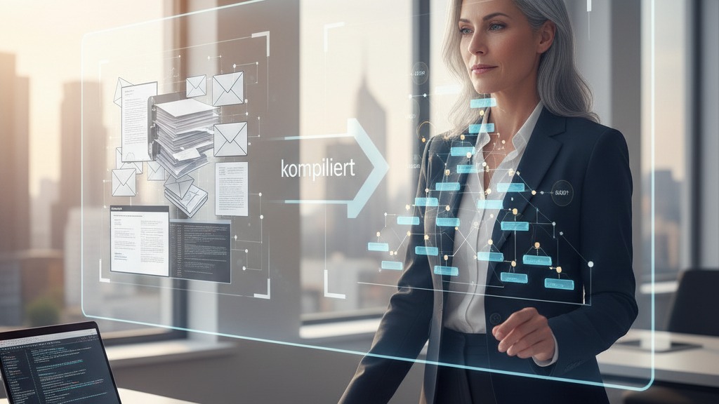 Knowledge Compilation – Geschäftsfrau kompiliert Dokumente in strukturierten Wissensgraphen