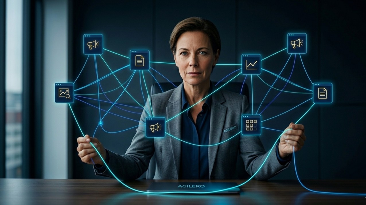 AGILERO Multi-Agent Marketing Setup: Ein Mensch steuert ein komplexes Netzwerk aus KI-Agenten für Recherche, Texterstellung, Bildgenerierung und Distribution – symbolisch für das neue Marketing-Betriebsmodell.