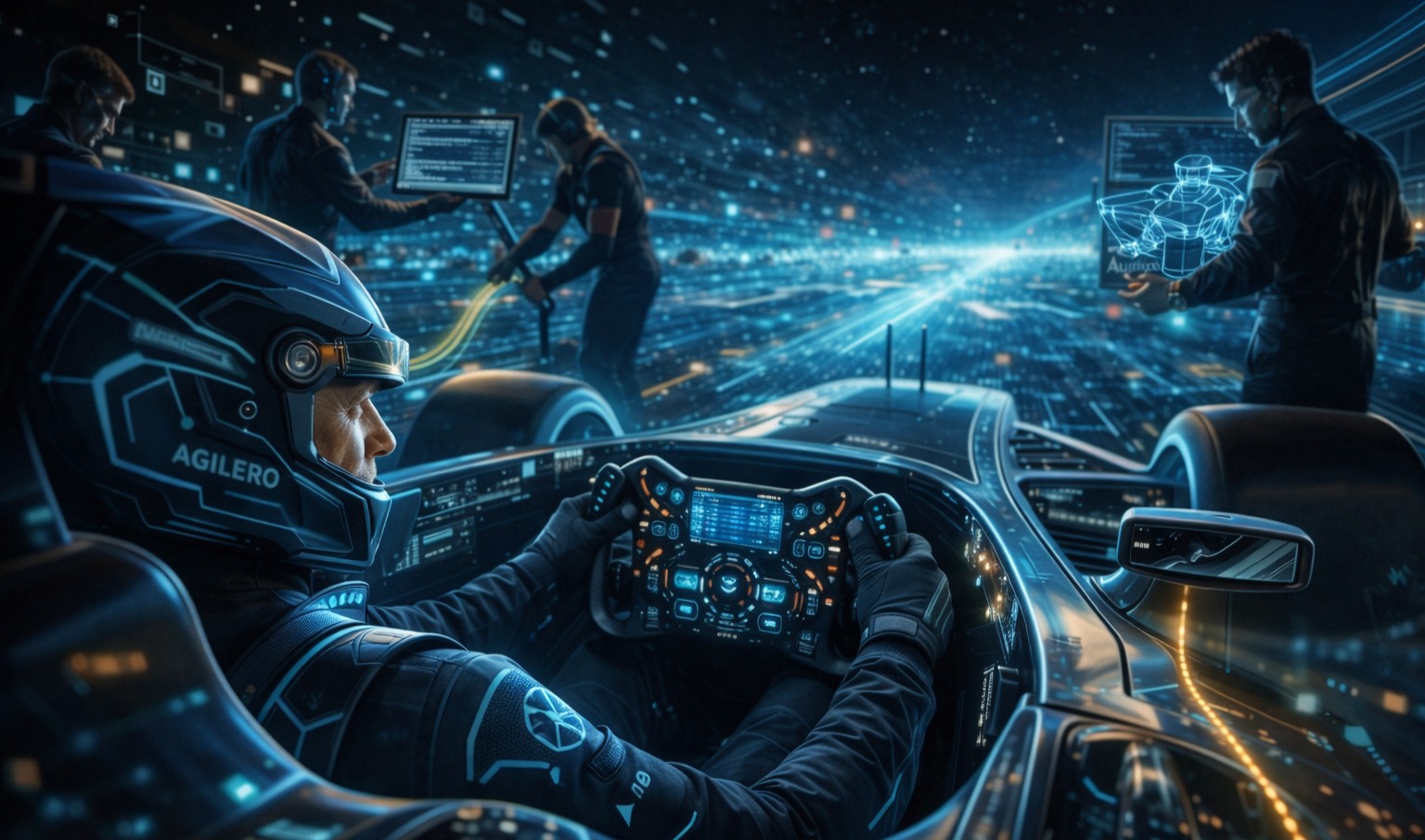 Visualisierung eines Multi-Agenten-Workflows: Der menschliche Entscheider im Cockpit führt das Intent-Engineering aus, unterstützt von einer kooperierenden KI-Agenten-Instanz im Boxenstopp-Szenario, basierend auf Local Reasoning und SLM-Technologie.