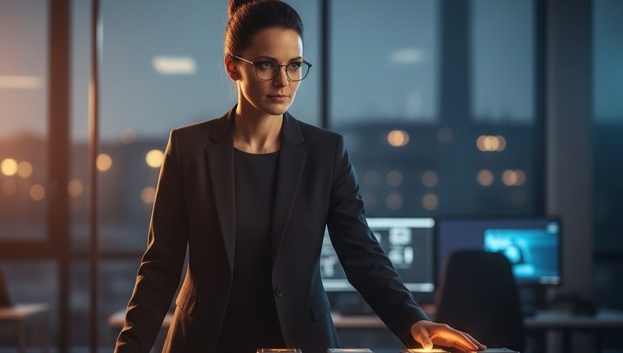 Ingenieurin überwacht vierstufige KI-Logikkette mit leuchtenden Prüfstationen — Prompt-Chaining als Qualitätssicherung durch Expertisen-Mix im modernen Entwicklungslabor.