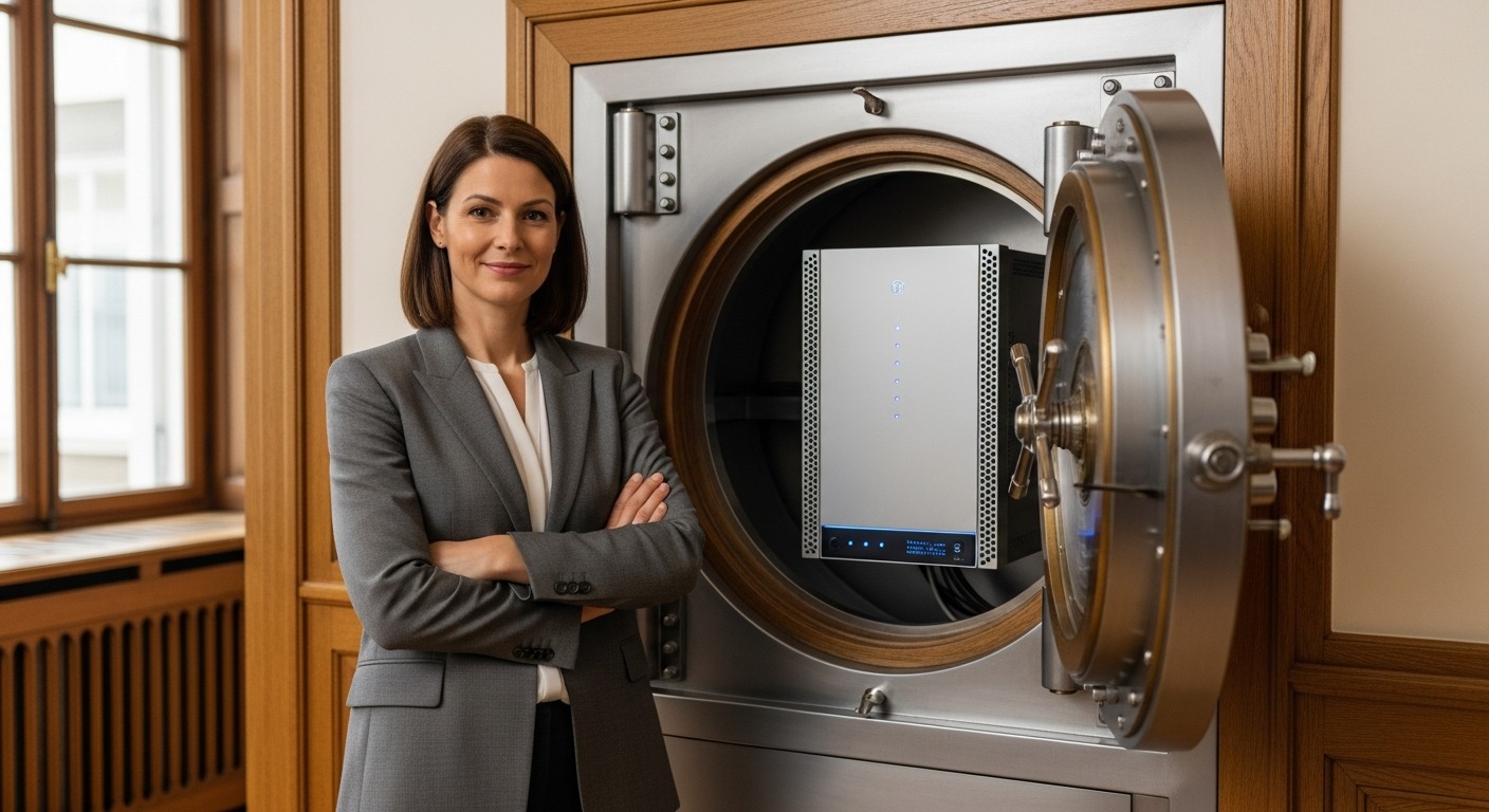 AGILERO Architektin mit verschränkten Armen vor geöffnetem Tresor mit On-Premise-KI-Server — das Proprietary Knowledge System als sichere Single Source of Truth.