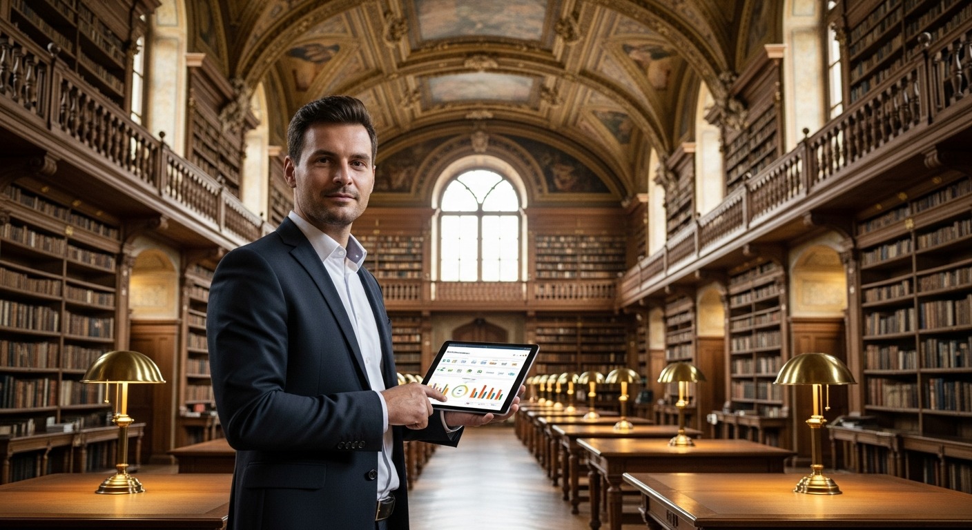 AGILERO Architekt als moderner Bibliothekar hält ein Tablet mit Firmennews und greift in einer digitalen Bibliothek in Echtzeit auf Wissen zu – Symbol für Retrieval-Augmented Generation (RAG).