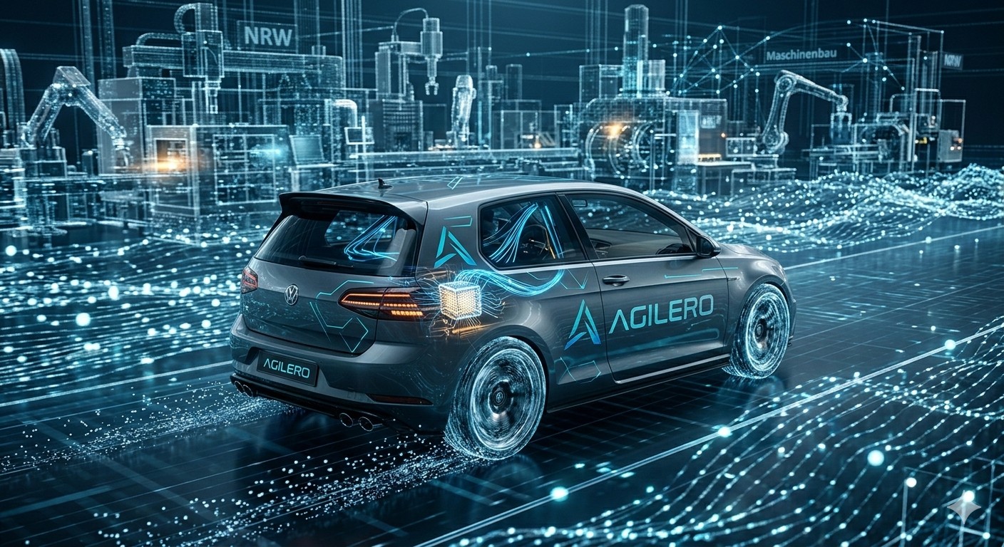 Visualisierung eines Small Language Models (SLM) in Aktion: Ein deutsches Kompaktklasse-Fahrzeug navigiert im hochdimensionalen Koordinatensystem, wobei ein interner Vektor-Kern die kognitiven Prozesse und die lokale Hardware-Effizienz darstellt.