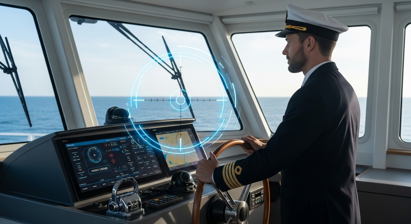 AGILERO Kapitän mit Kapitänsmütze steuert mit beiden Händen am Ruder präzise auf ein digitales Zielkreuz am Horizont zu — KI-gestütztes Vector Steering für exakte Kursbestimmung.