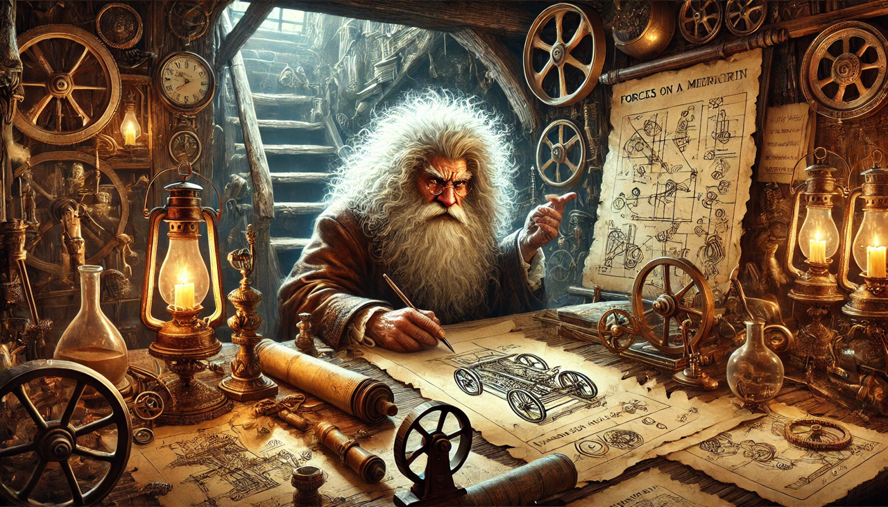 Ein Zwerg mit wirrem, grauen Haar sitzt in seiner Studierkammer umgeben von allerhand mechanischem Gerät