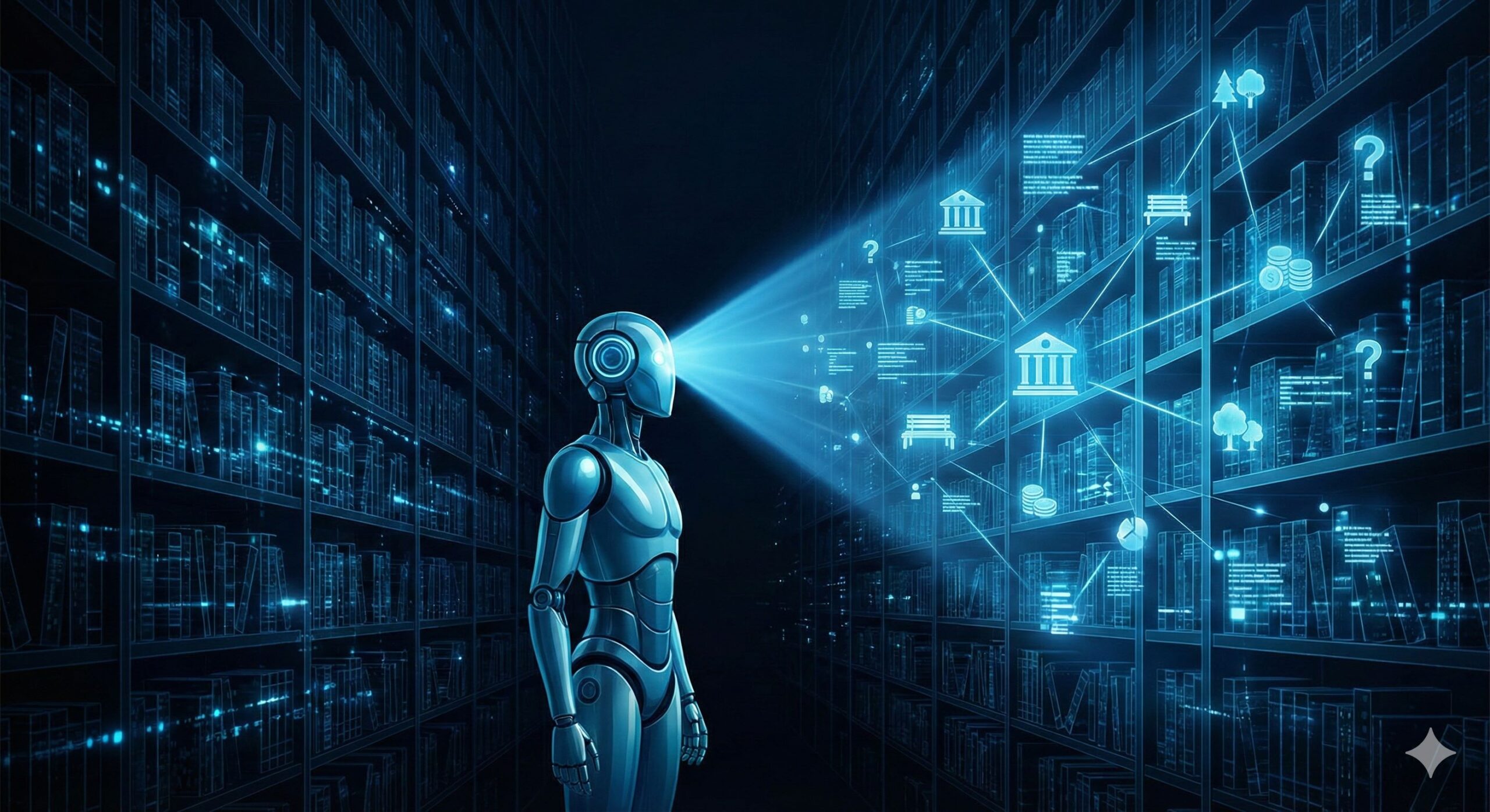 Visualisierung des Attention Mechanism in der Künstlichen Intelligenz: Ein blauer humanoider Roboter beleuchtet mit einem fokussierten Lichtstrahl eine dunkle Bibliothek. Im Lichtkegel werden Symbole wie eine Bank und eine Parkbank sowie deren Verbindungen sichtbar, was das Kontextverständnis und die Priorisierung von Informationen im 'Latent Space' durch die KI demonstriert.