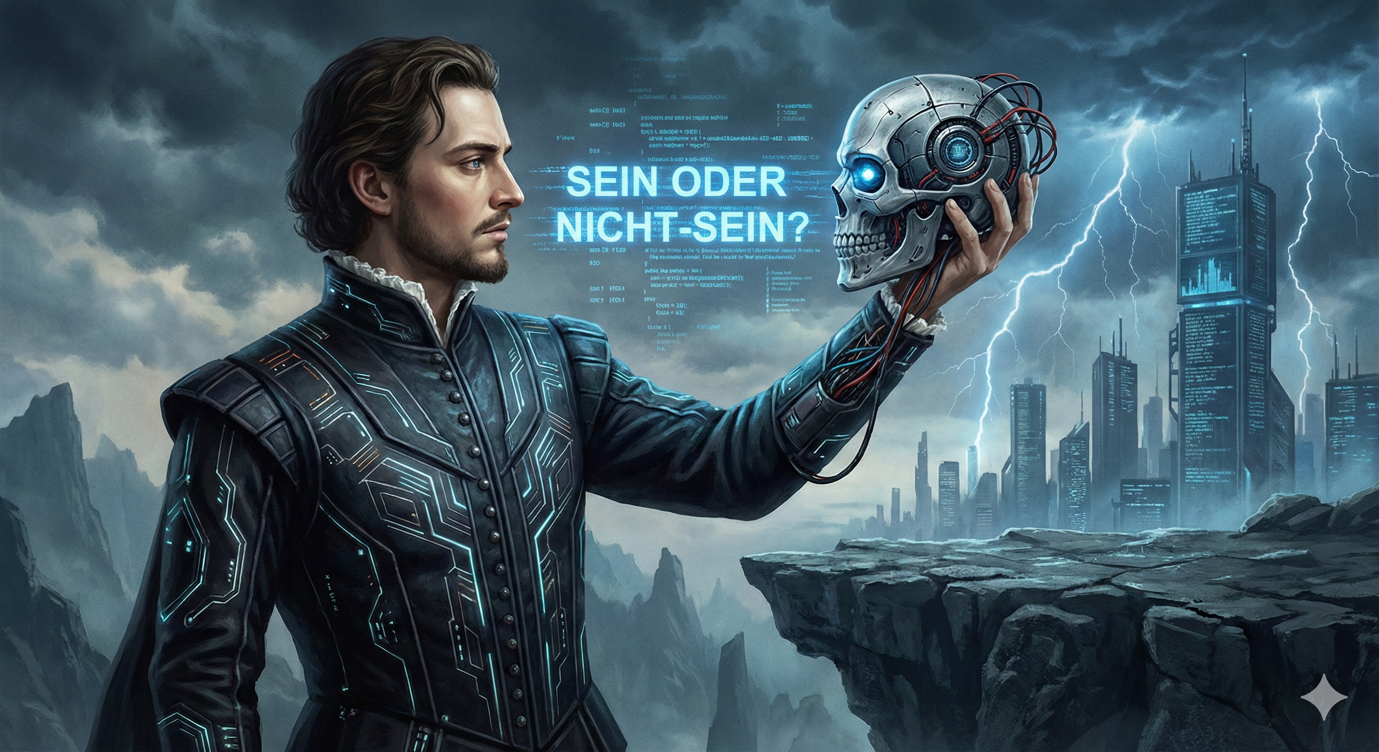Ein moderner Hamlet hält einen Roboter-Schädel in der Hand und fragt ihn: "Sein oder Nicht-Sein"
