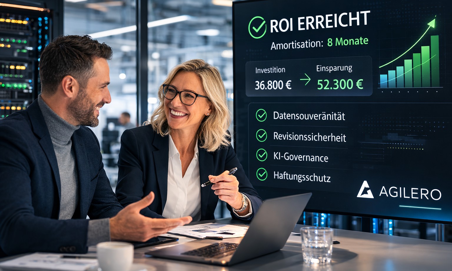 CFO und AGILERO KI-Architekt analysieren gemeinsam den ROI einer KI-Investition im Mittelstand.