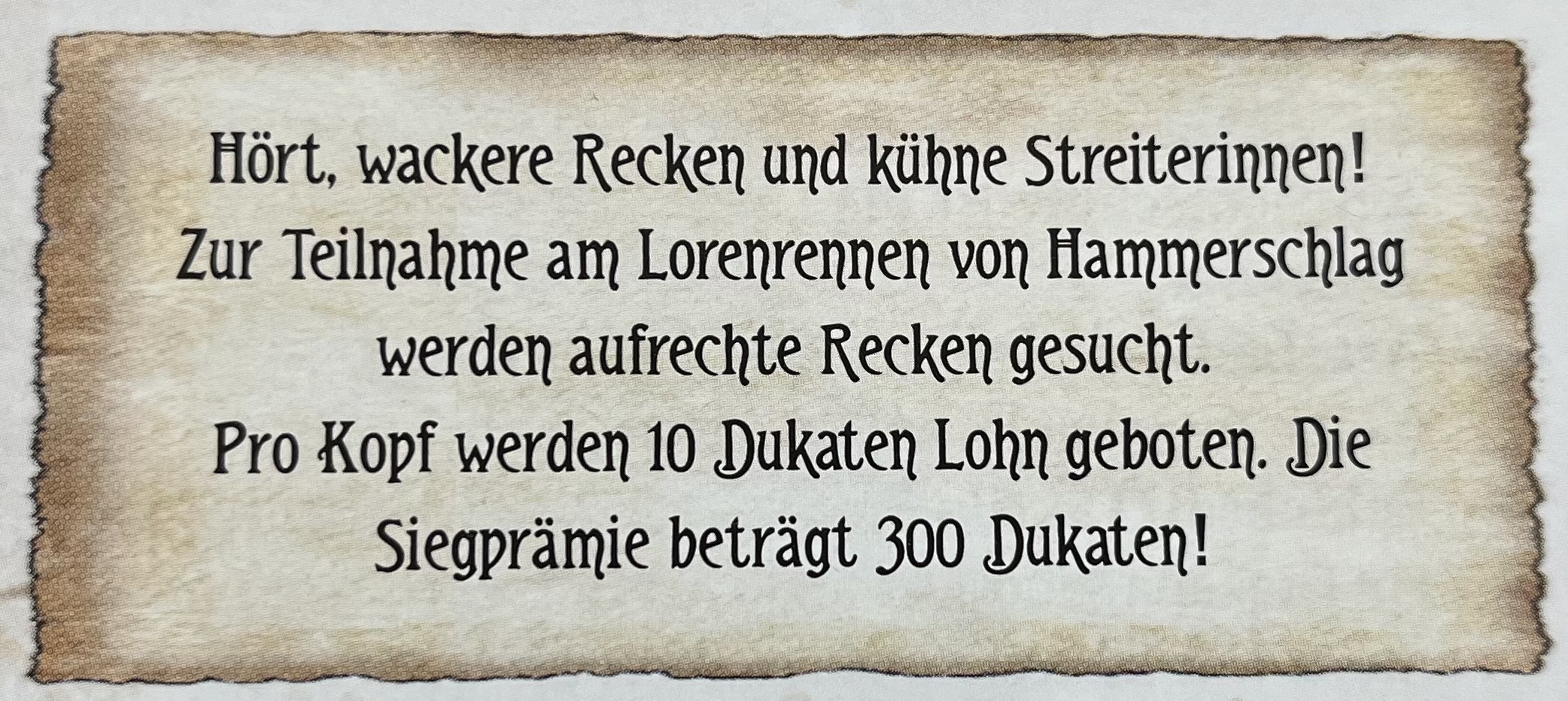 Aushang "Mutige Recken zur Teilnahme am Lorenrennen" gesucht