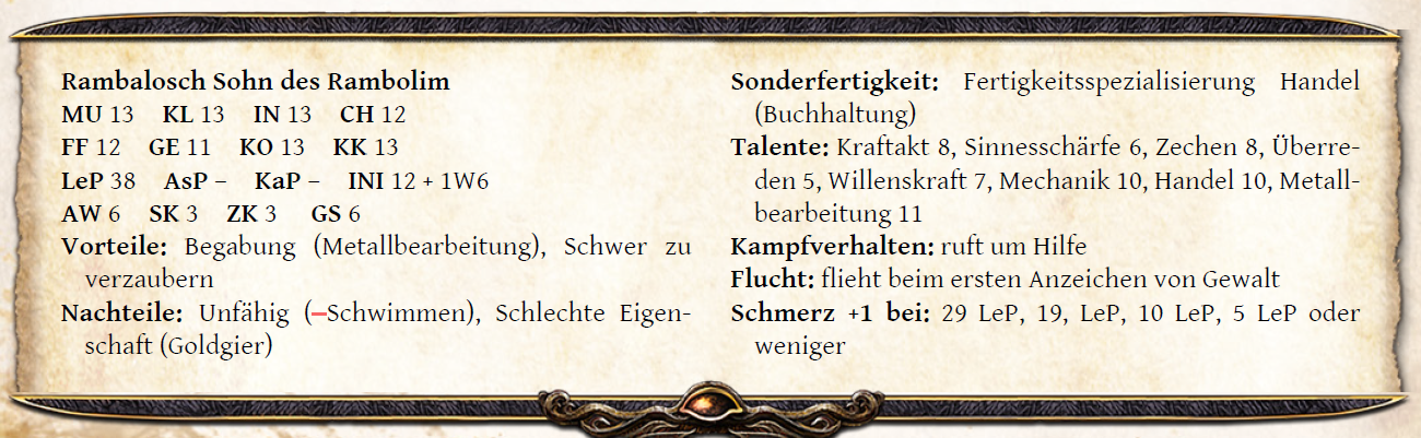 Werte von Rambalosch Sohn des Rambolin aus Das Große Lorenrennen