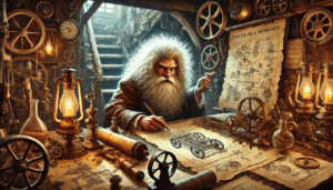 Ein Zwerg mit wirrem, grauen Haar sitzt in seiner Studierkammer umgeben von allerhand mechanischem Gerät