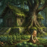 Illustration einer verwunschenen Hexenhütte unter einer mächtigen Trauerweide