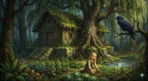Illustration einer verwunschenen Hexenhütte unter einer mächtigen Trauerweide