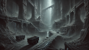 Düstere Illustration einer verfluchten, längst verlassenen Zwergenmine