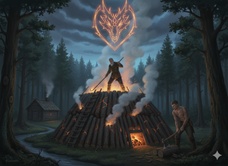 Der Köhler bei der ARbeit auf dem Kohlemeiler mit seinem Gehilfen