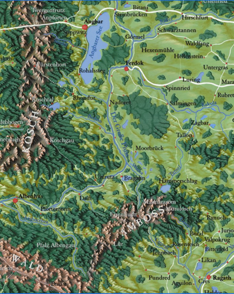 Karte von Aventurien, welche die Region im Ambossgebirge zeigt, wo das Lorenrennen stattfindet.