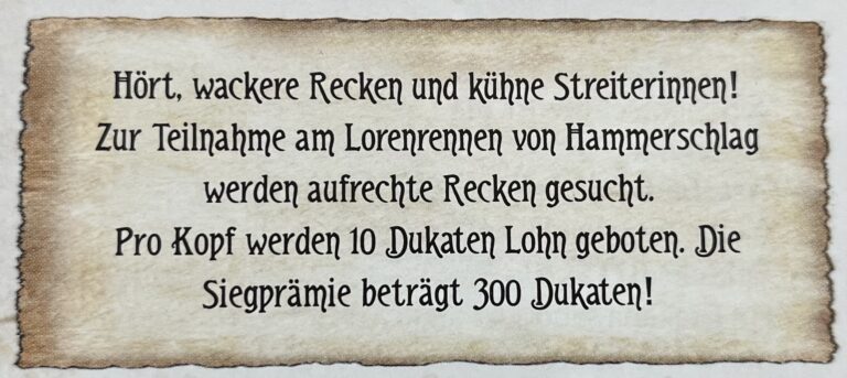 Aushang "Mutige Recken zur Teilnahme am Lorenrennen" gesucht