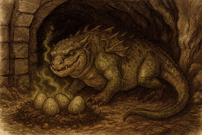 Tatzelwurm-Weibchen brütet in einem Höhlengang über seinen Eiern, welches in wärmendem Kot abgelegt hat