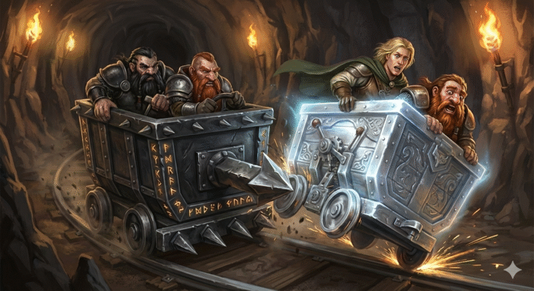 Illustration eines Lorenrennens: Die vorausfahrende Lore wird gerammt und aus dem Gleis geschleudert