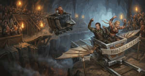 KI-generierte Illustration für Das Schwarze Auge: Zieleinfahrt der Helden beim Großen Lorenrennen