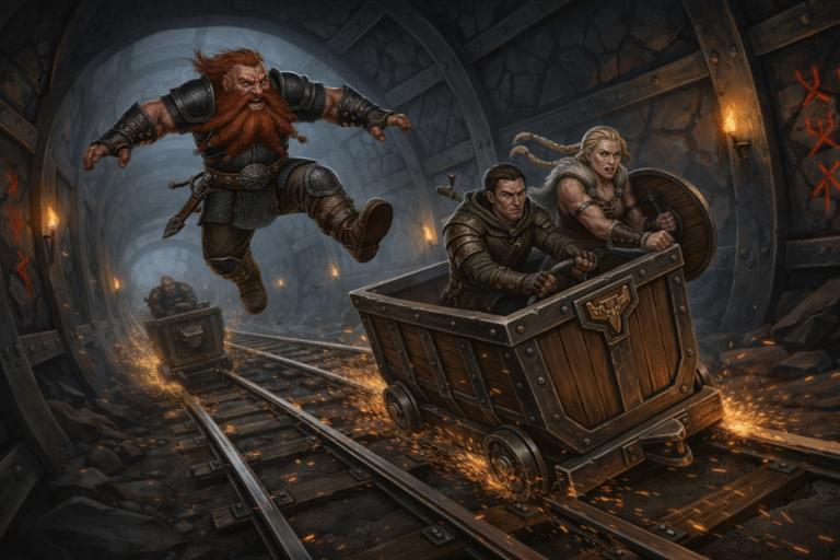 Illustration zum Großen Lorenrennen: Ein Kor-Knabe versucht während der Fahrt auf die Lore der Helden zu springen.