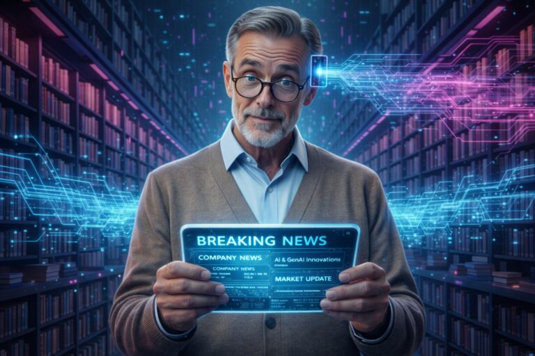 AGILERO Architekt als moderner Bibliothekar hält ein Tablet mit Firmennews und greift in einer digitalen Bibliothek in Echtzeit auf Wissen zu – Symbol für Retrieval-Augmented Generation (RAG).