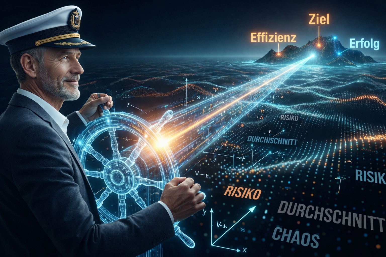Selbstbewusster AGILERO-Architekt im Business-Outfit mit Kapitänsmütze navigiert ein holografisches Steuerrad durch eine digitale Vektorenlandschaft in Richtung Ziel, Effizienz und Erfolg – Symbol für strategisches KI-Vector-Steering.