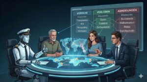 Ein sympathischer KI-Kapitän sitzt mit drei menschlichen Experten an einem runden Tisch und analysiert via Advanced Persona Steering deren Wünsche, Vorlieben und Abneigungen auf einem virtuellen Memo-Board.