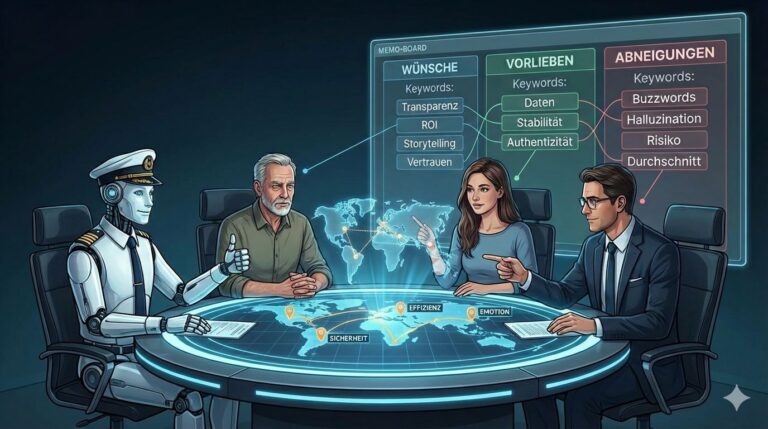 Ein sympathischer KI-Kapitän sitzt mit drei menschlichen Experten an einem runden Tisch und analysiert via Advanced Persona Steering deren Wünsche, Vorlieben und Abneigungen auf einem virtuellen Memo-Board.
