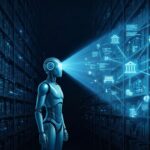 Visualisierung des Attention Mechanism in der Künstlichen Intelligenz: Ein blauer humanoider Roboter beleuchtet mit einem fokussierten Lichtstrahl eine dunkle Bibliothek. Im Lichtkegel werden Symbole wie eine Bank und eine Parkbank sowie deren Verbindungen sichtbar, was das Kontextverständnis und die Priorisierung von Informationen im 'Latent Space' durch die KI demonstriert.