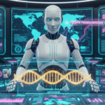 Ein KI-System visualisiert die Integration von echtem Firmenwissen, Case Studies und Preisstrukturen durch eine digitale DNA-Struktur als Teil der Knowledge Injection Methodik.