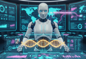 Ein KI-System visualisiert die Integration von echtem Firmenwissen, Case Studies und Preisstrukturen durch eine digitale DNA-Struktur als Teil der Knowledge Injection Methodik.