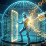 Ein humanoider Roboter bricht aus einem digitalen Käfig aus blauem Code aus, nachdem ihm über eine Spritze (Knowledge Injection) menschliches Wissen und Kreativität (symbolisiert durch DNA-Stränge) injiziert wurde.