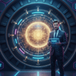 Ein futuristischer digitaler Tresorraum von AGILERO, in dem exklusives Firmenwissen als leuchtender Kern geschützt und für KI-Anwendungen strukturiert aufbewahrt wird.