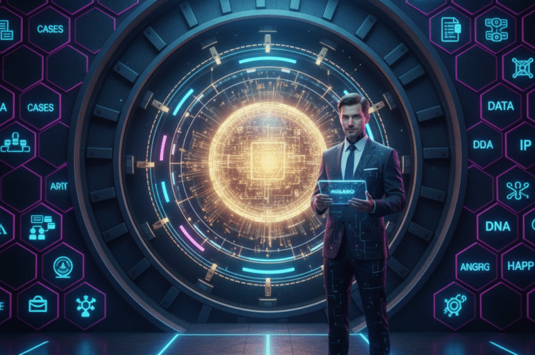 Ein futuristischer digitaler Tresorraum von AGILERO, in dem exklusives Firmenwissen als leuchtender Kern geschützt und für KI-Anwendungen strukturiert aufbewahrt wird.