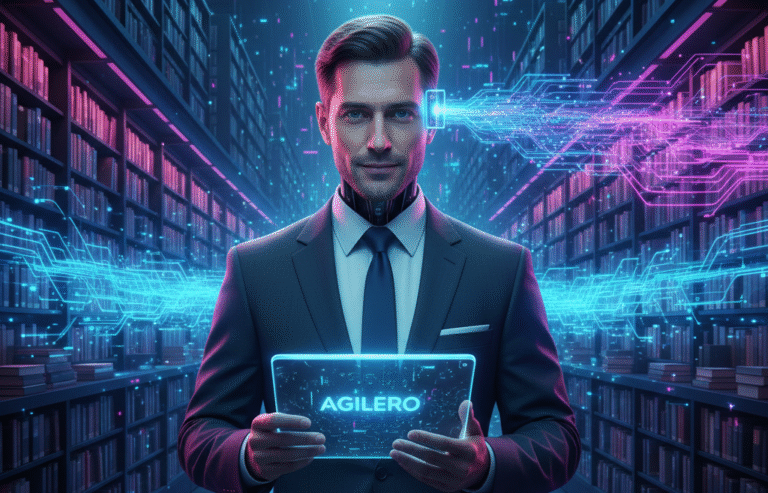 Ein moderner KI-Bibliothekar im Anzug steht in einem endlosen, digitalen Archivregal und lädt über ein leuchtendes AGILERO-Tablet exklusives Firmenwissen in den Latent Space hoch.
