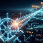 Humanoider KI-Kapitän steuert mit Vector Steering ein glühendes Steuerrad durch ein digitales Daten-Meer in Richtung Ziel, Effizienz und Erfolg.