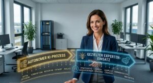 Eine lächelnde Expertin in einem modernen Büro nutzt ein virtuelles AGILERO-Dashboard. Es zeigt den Übergang von einem autonomen KI-Prozess hin zum gezielten Einsatz ihrer Fachkompetenz bei strategischen Entscheidungen und komplexer Beratung.