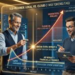 GILERO-Architekt und Controller bei der Analyse eines TCO-Diagramms: Vergleich der Kostenkurven zwischen linear steigender Cloud-KI-Miete und fixen Investitionskosten für lokale KI-Hardware, visualisiert als interaktive Projektion.