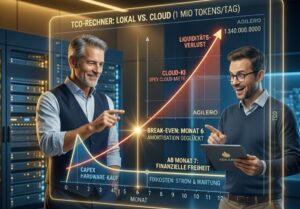 GILERO-Architekt und Controller bei der Analyse eines TCO-Diagramms: Vergleich der Kostenkurven zwischen linear steigender Cloud-KI-Miete und fixen Investitionskosten für lokale KI-Hardware, visualisiert als interaktive Projektion.