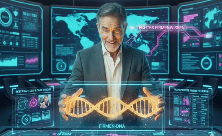 AGILERO Knowledge Injection: Architekt der Intelligenz bei der Extraktion der Firmen-DNA für ein souveränes KI-Betriebsmodell. Hochwertiges Keyvisual zeigt die Verbindung von echtem Firmenwissen mit KI-Technologie in einem modernen Business-Umfeld.