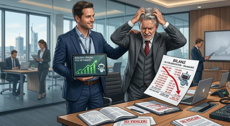 AGILERO KI-Architekt präsentiert einem besorgten CFO eine TCO-optimierte Lösung zur Senkung versteckter KI-Folgekosten in der Unternehmensbilanz.